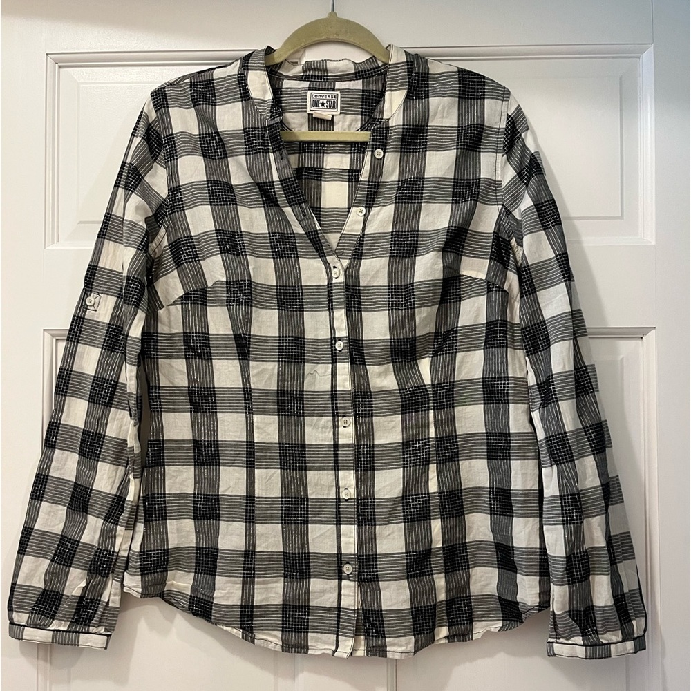 Converse women's shirt, size L, gray/white/black checkered button down